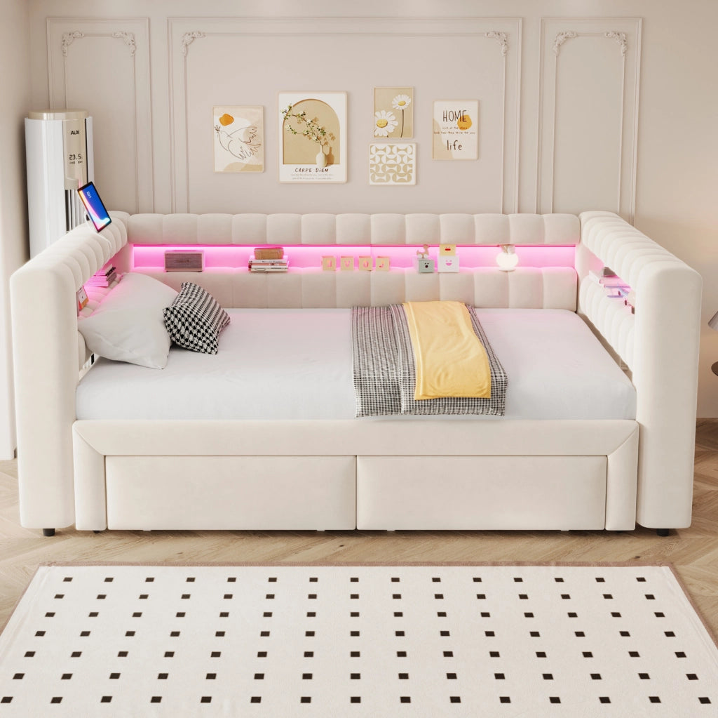 Divano letto imbottito 90x190 cm estensibile 180x190 cm in velluto beige con LED e USB