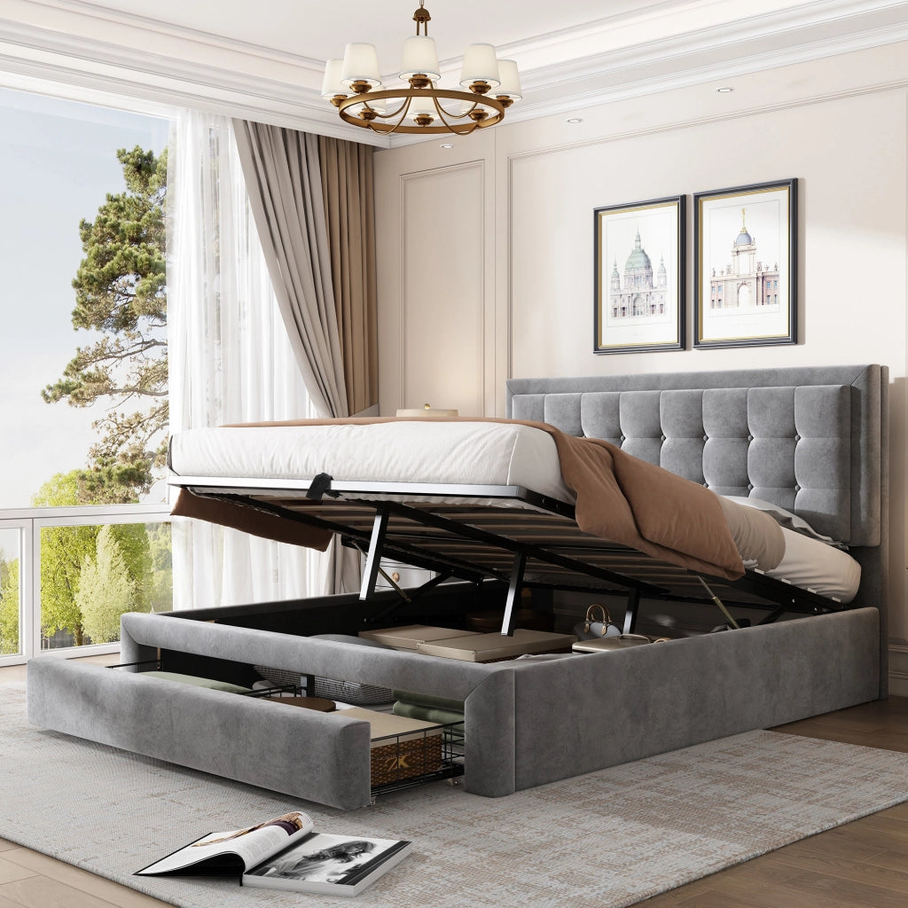 OKWISH Letto Contenitore 140×190 cm, Letto Matrimoniale con Contenitore, 2 Cassetti e Testiera Regolabile, senza Materasso, in Velluto, Grigio