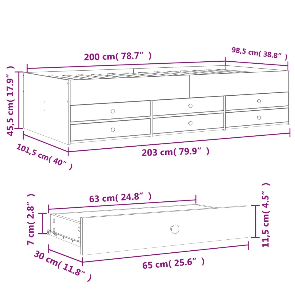 Divano Letto con Cassetti senza Materasso Rovere Fumo 100x200cm 3280871