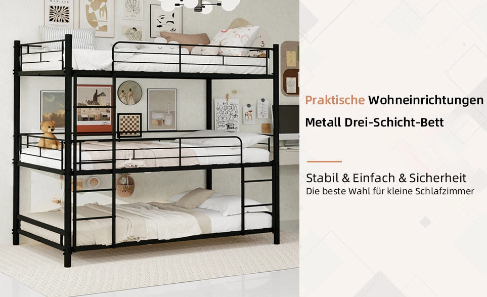 Letto a castello a tre posti con scala integrata in metallo nero