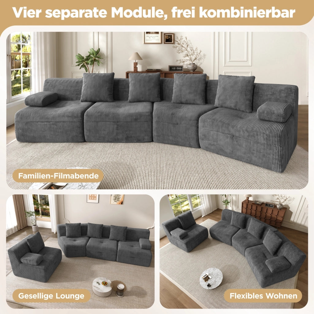 Divano modulare 4 posti in tessuto corduroy grigio scuro; 311 x 90 x 65 cm