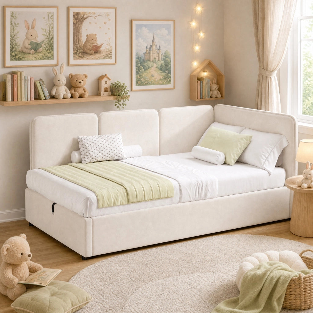 Letto daybed 90x200 cm in velluto beige con contenitore idraulico, testiera imbottita e montaggio reversibile