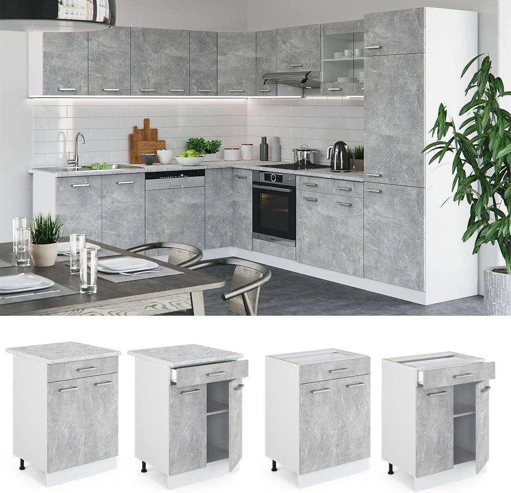 Mobiletto base per cucina R-Line, Calcestruzzo, 60 cm con cassetto PL Marmo, per la libera combinazione all'interno di sistemi cucina modulari