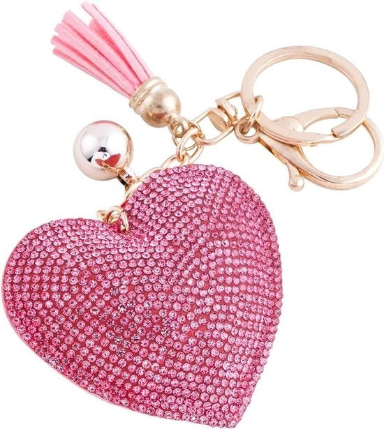Accessorio per borse e zaini in forma di cuore con applicazioni di strass - rosa - catenina in pelle