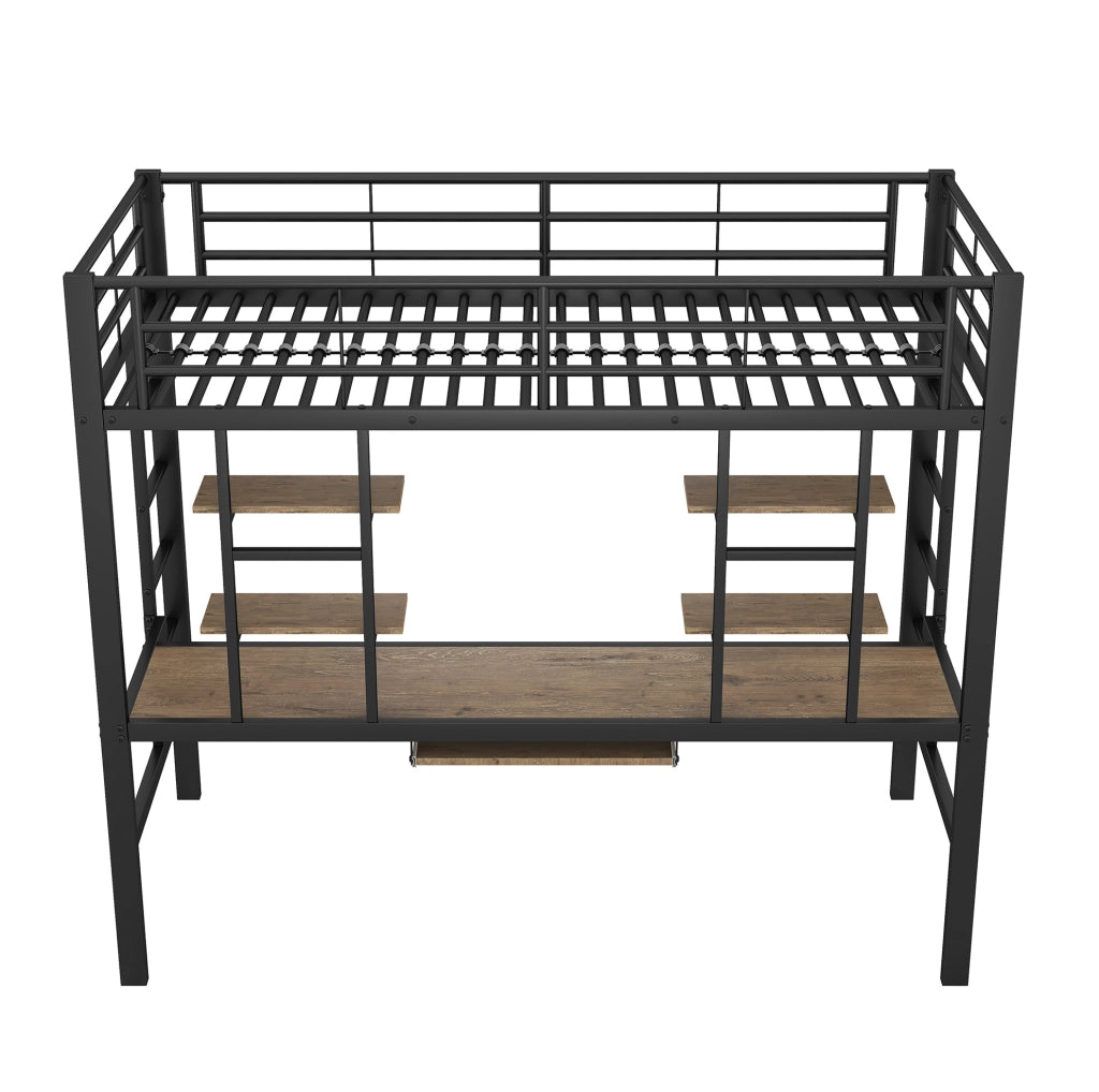 Letto a soppalco 90x200 cm in metallo nero con scrivania e 2 ripiani