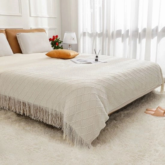 Deken decorativo a maglia con piumini - adatto per divano, poltrona e letto - morbido, caldo, confortevole e leggero (127cmX152cm) - Bianco
