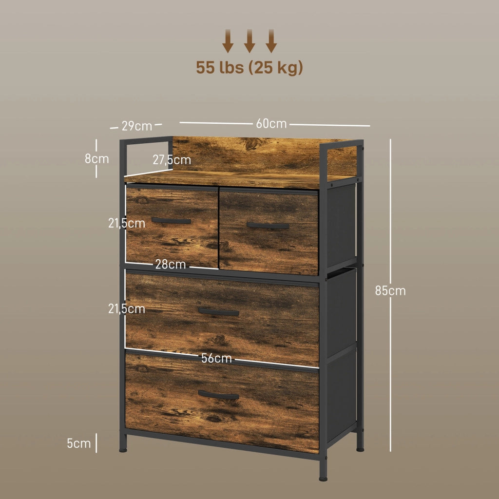 Cassettiera 4 cassetti tessuto ¨C Xylo ¨C design industriale metallo acciaio nero marrone 60x29x85cm