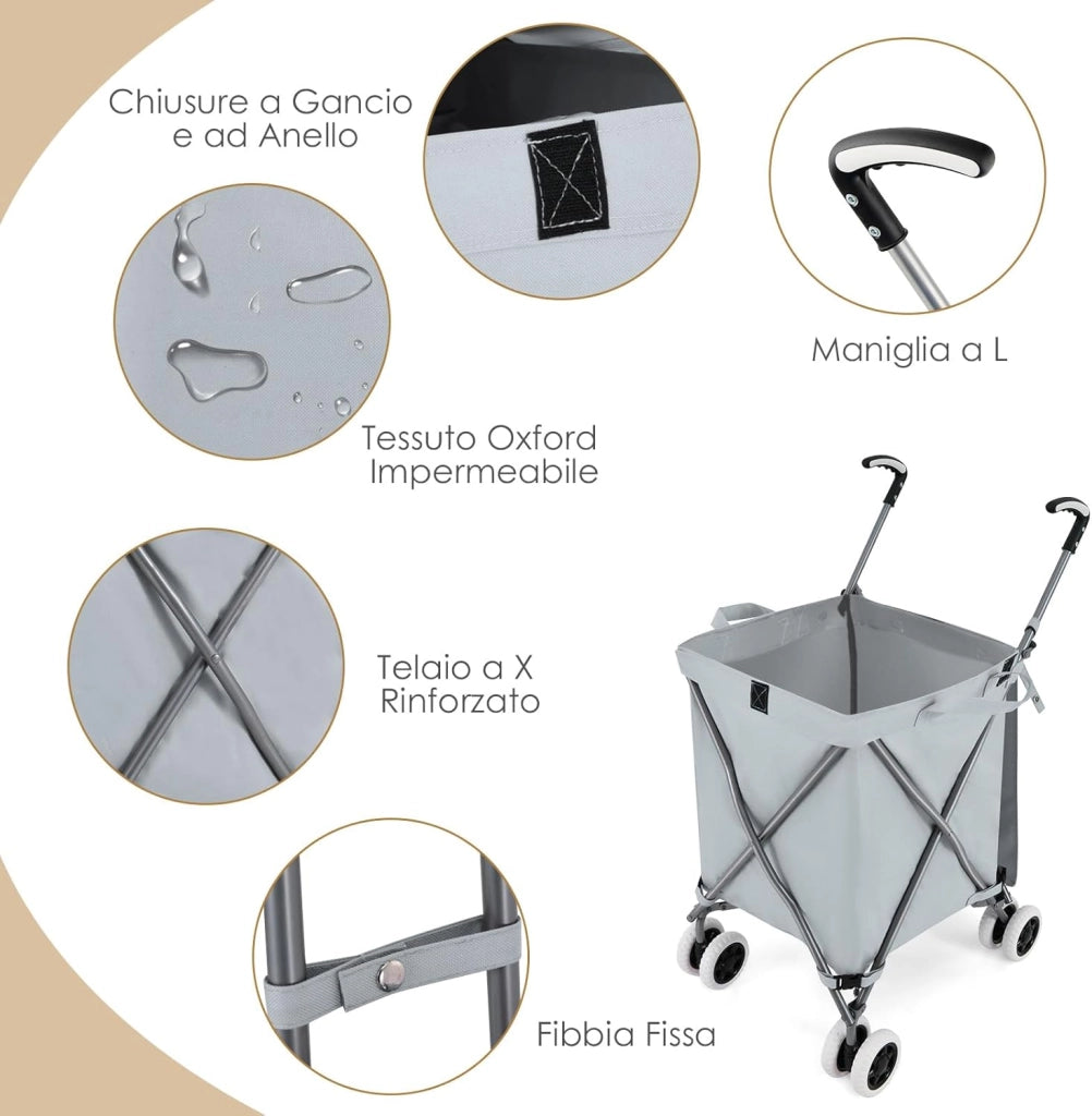 Carrello Spesa Pieghevole con Ruote, Carrello Portaspesa con Fodera in Tessuto Oxford Rimovibile e Impermeabile, 90L, Capacità di peso 55 kg (Grigio)
