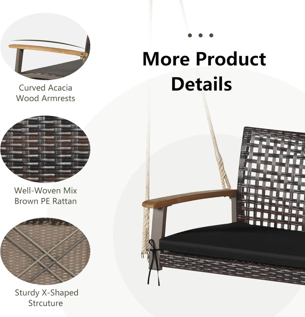 Porch Swing in Vimini PE a 2 Posti, Altalena da Esterno con Morbido Cuscino Sedile e Cordami Appendiabili, Capacità di Carico di 360 KG, Adatta per Cortile, Giardino, Portico (Nero)
