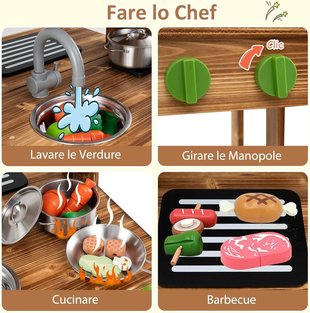 Cucina Giocattolo per Giardino a Doppia Faccia, Cucina per Bambini in Legno di Abete con Tettoia, Lavagna Scorrevole e Griglia Barbecue, Set da Cucina con 5 Accessori, 63 × 56 × 115 cm