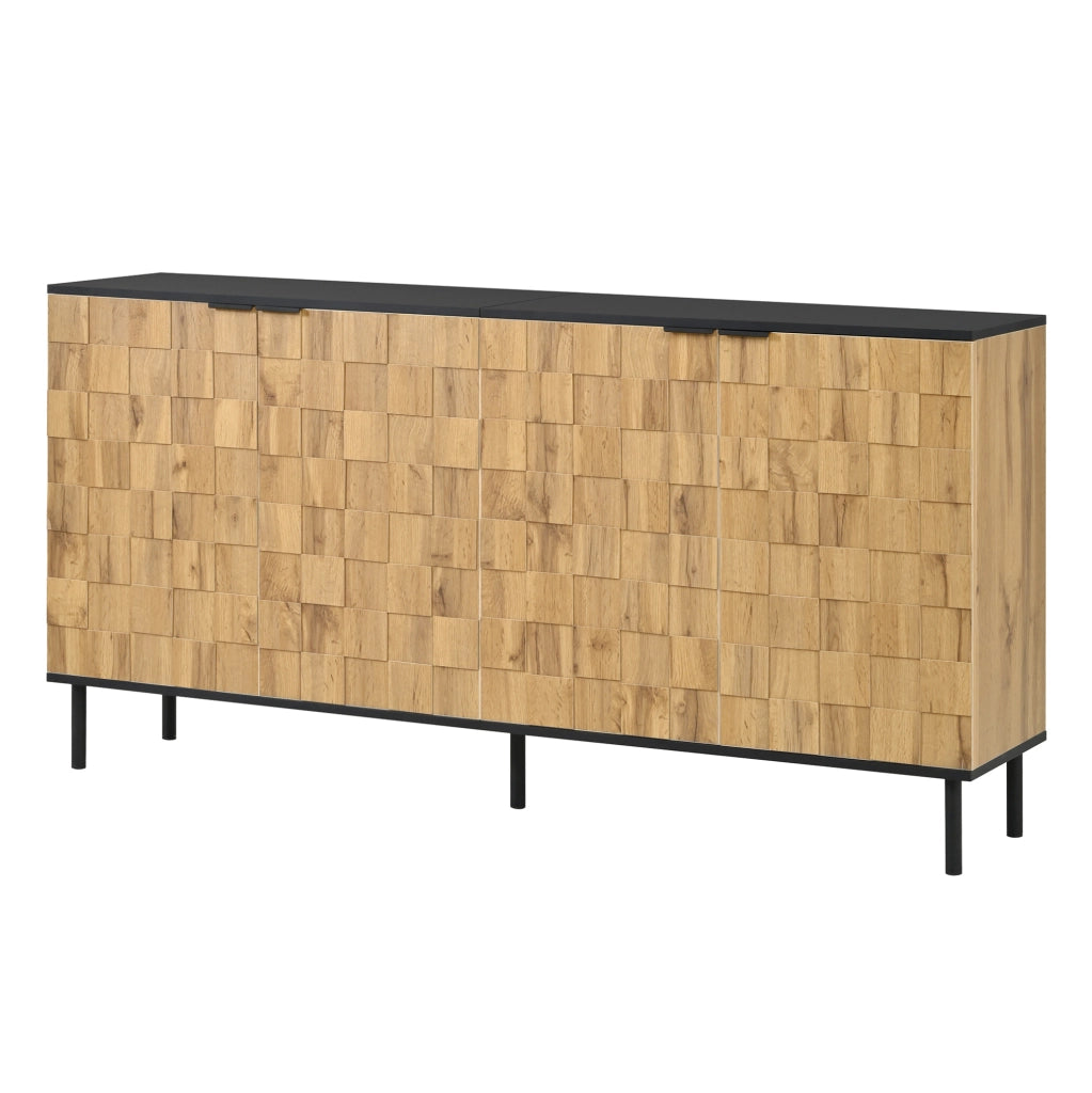 Sideboard 160x35x80.5 cm con 2 ante a mosaico e ripiano fisso in truciolare naturale e nero