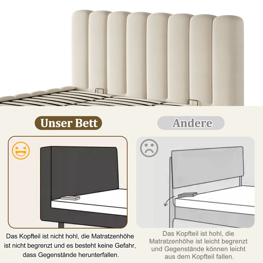 Letto imbottito con contenitore idraulico e testiera, 180x200 cm, velluto beige