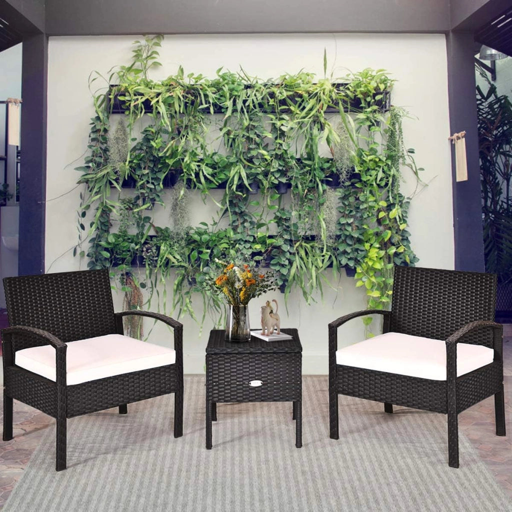 Set di mobili da esterno 3 pezzi, poltrone da giardino in rattan PE e tavolino da caffè, resistenti, con cuscini morbidi rimovibili, per giardino, terrazza, bistrot