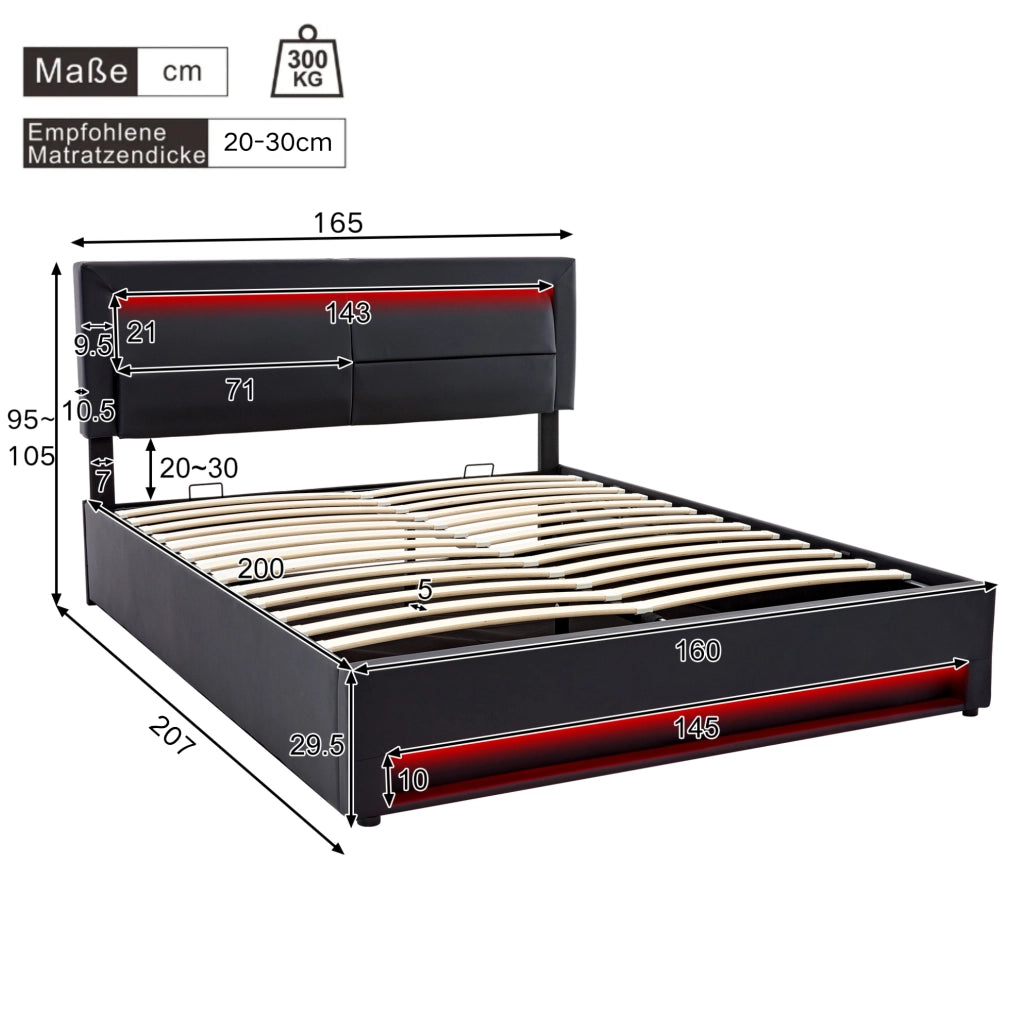 Letto imbottito 160x200 cm in PU nero con USB; LED e contenitore