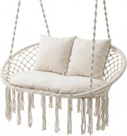 Sedia a Dondolo da Esterno ed Interno, Poltrona Sospesa Intrecciata a 2 Posti con Nappine in Stile Boho, 3 Morbidi Cuscini, Corde e Anelli, Portata 250 kg, per Balcone, Soggiorno e Giardino