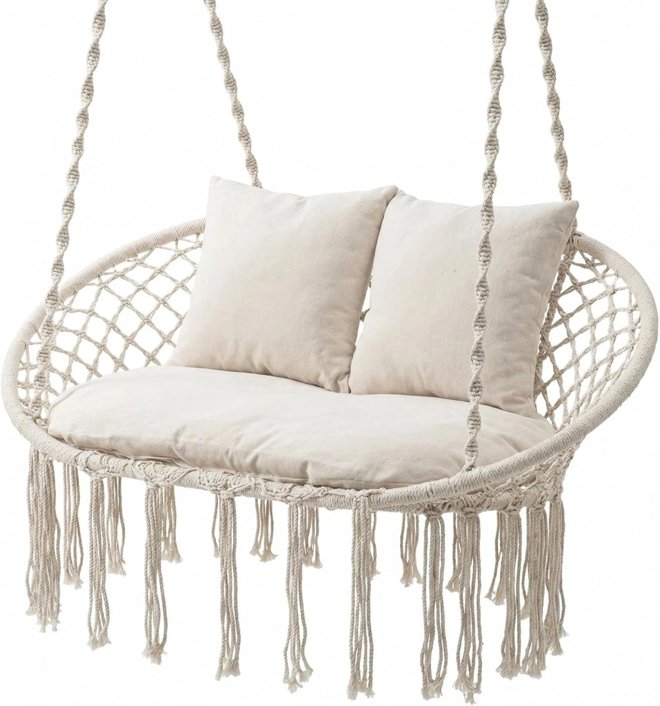 Sedia a Dondolo da Esterno ed Interno, Poltrona Sospesa Intrecciata a 2 Posti con Nappine in Stile Boho, 3 Morbidi Cuscini, Corde e Anelli, Portata 250 kg, per Balcone, Soggiorno e Giardino