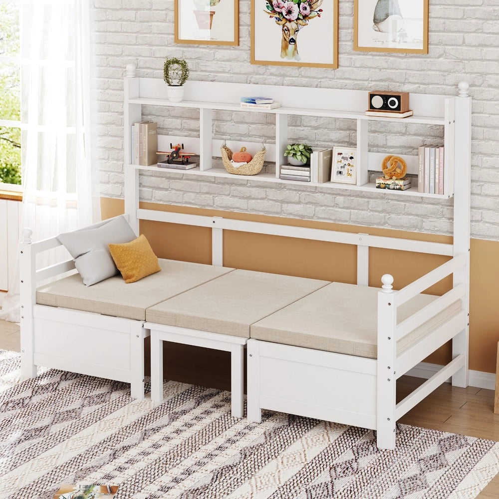 Letto Singolo Multifunzione con Scrivania e Libreria ¨C MINIMAL ¨C Legno Massello Bianco 90x200
