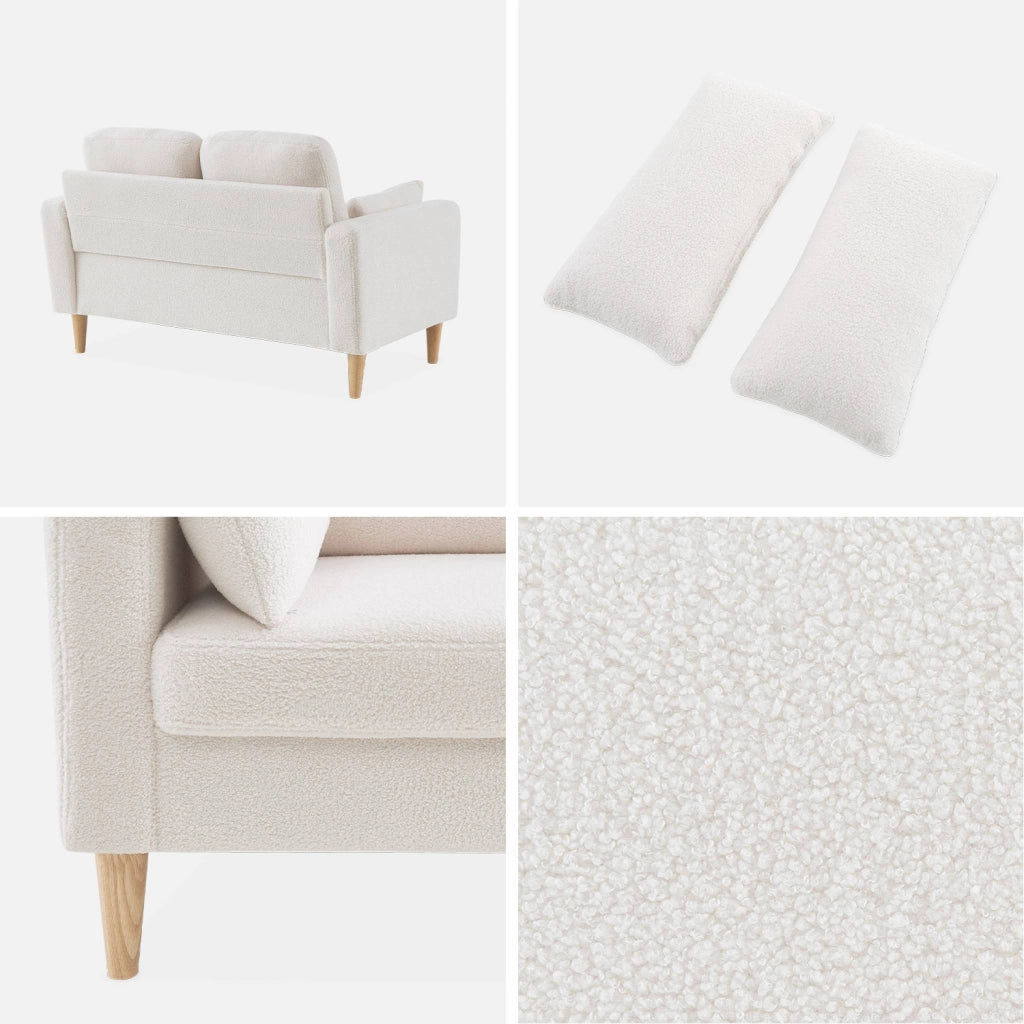 Divano scandinavo in tessuto bouclé e legno, 2 posti, crema