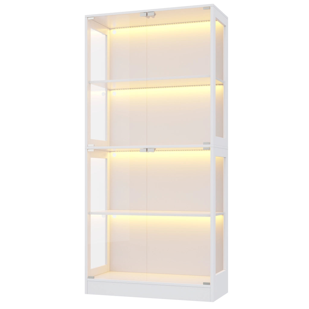 Vetrina LED in MDF e vetro temperato, 80 x 35 x 170 cm, bianca, a 4 livelli con porte push-to-open
