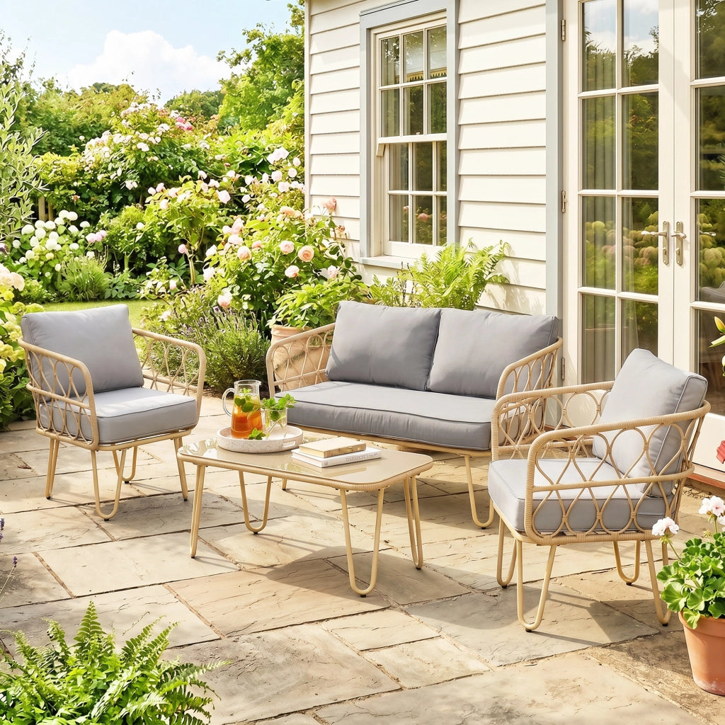 Set divano da giardino 2 posti + 2 poltrone + tavolino in vetro temperato ¨C zephmum ¨C grigio con 7 cuscini