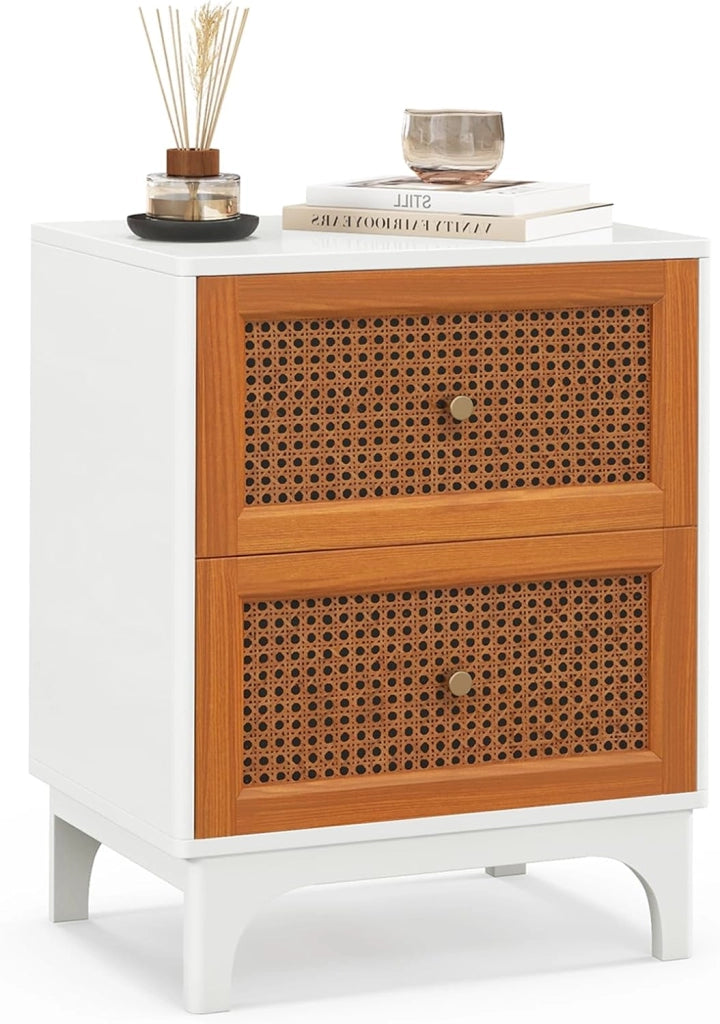 Comodino in Legno con 2 Cassetti, Tavolino Boho con 2 Cassetti Decorati in Rattan Intrecciato, Comodino con Gambe in Legno Massello, per Camera da Letto e Soggiorno, 46 x 33 x 59,5 cm
