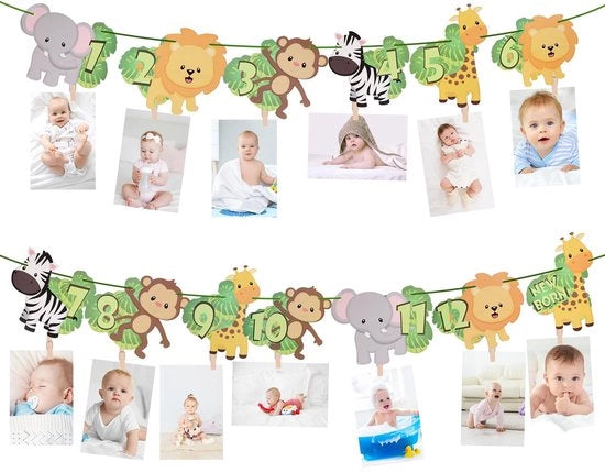 Fotoflash con illuminazione - Cavo per fotocamera - Fotoflash con pinze - Decorazione per compleanno - Primo compleanno - Tema giungla/safari - Banner fotografico