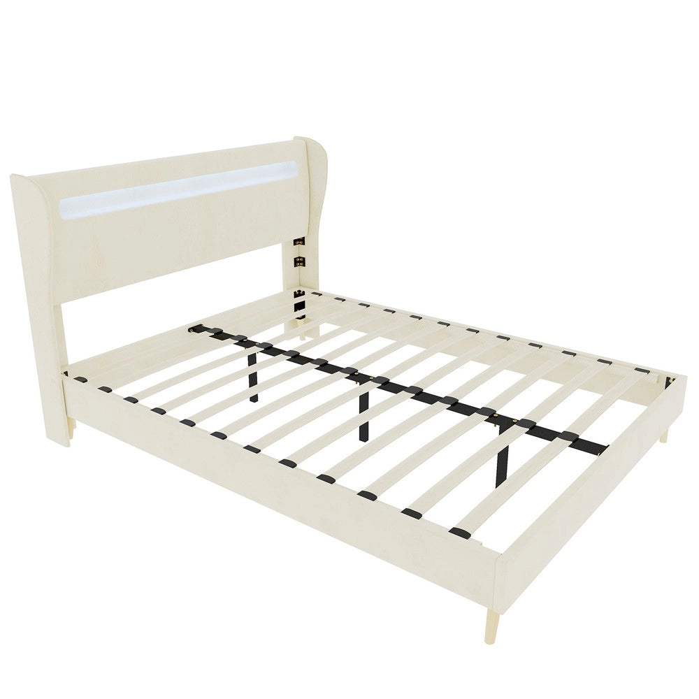 Letto imbottito con testiera LED e materasso ¨C Minimal ¨C beige 160x200 cm