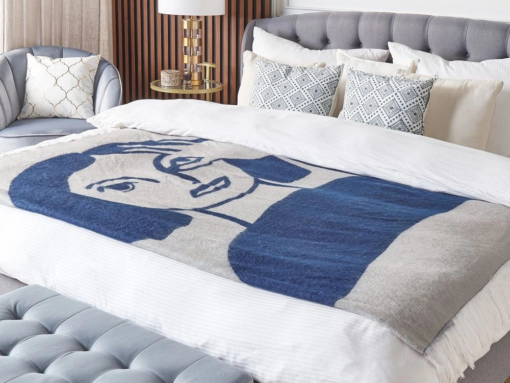 Coperta in acrilico beige blu marino 130 x 170 cm poliestere donna frange soggiorno camera da letto