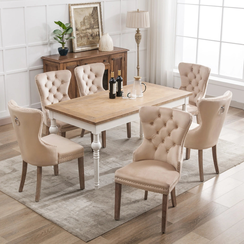 Sedia da Pranzo con Schienale e Seduta in Velluto Beige ¨C MINIMAL ¨C Set 6 Pezzi, Gambe in Legno Massello