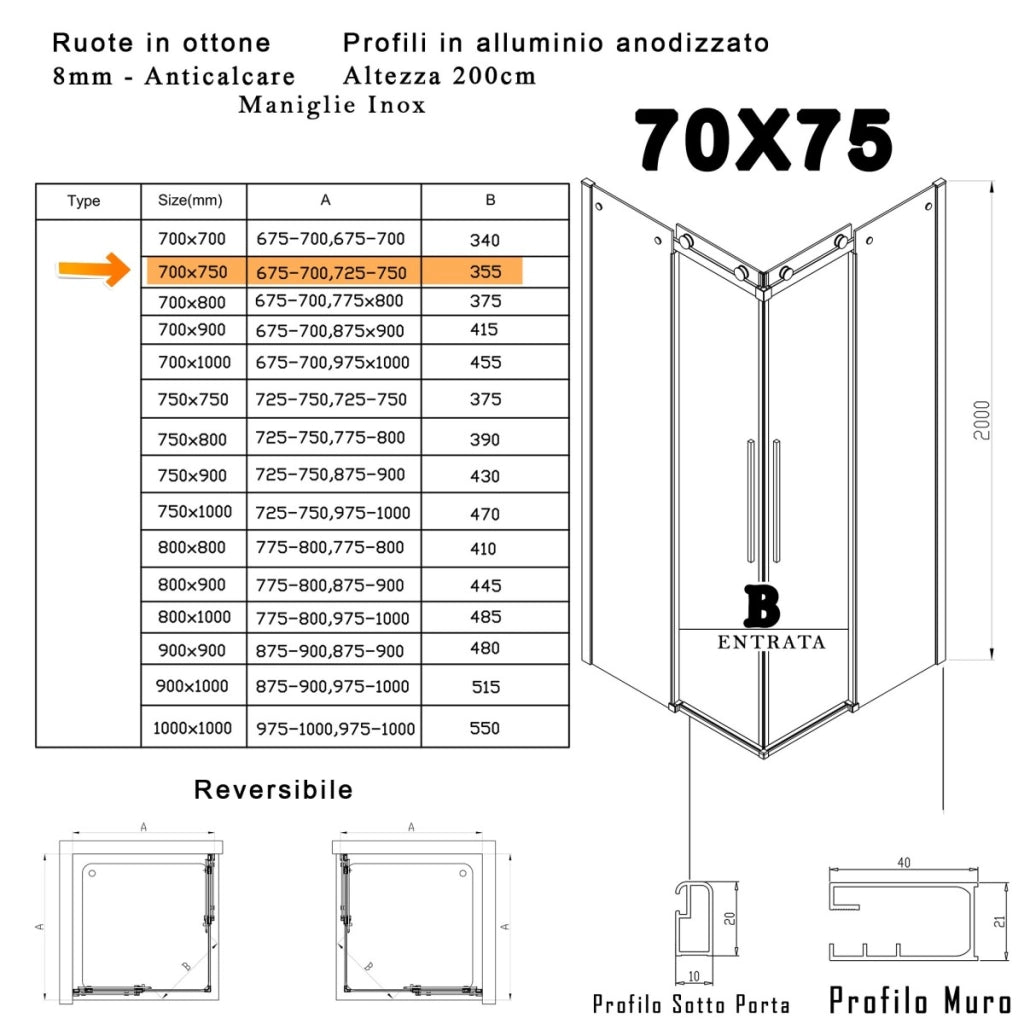 Box doccia due lati anticalcare scorrevole 8mm h200 melissa, misura 70x75