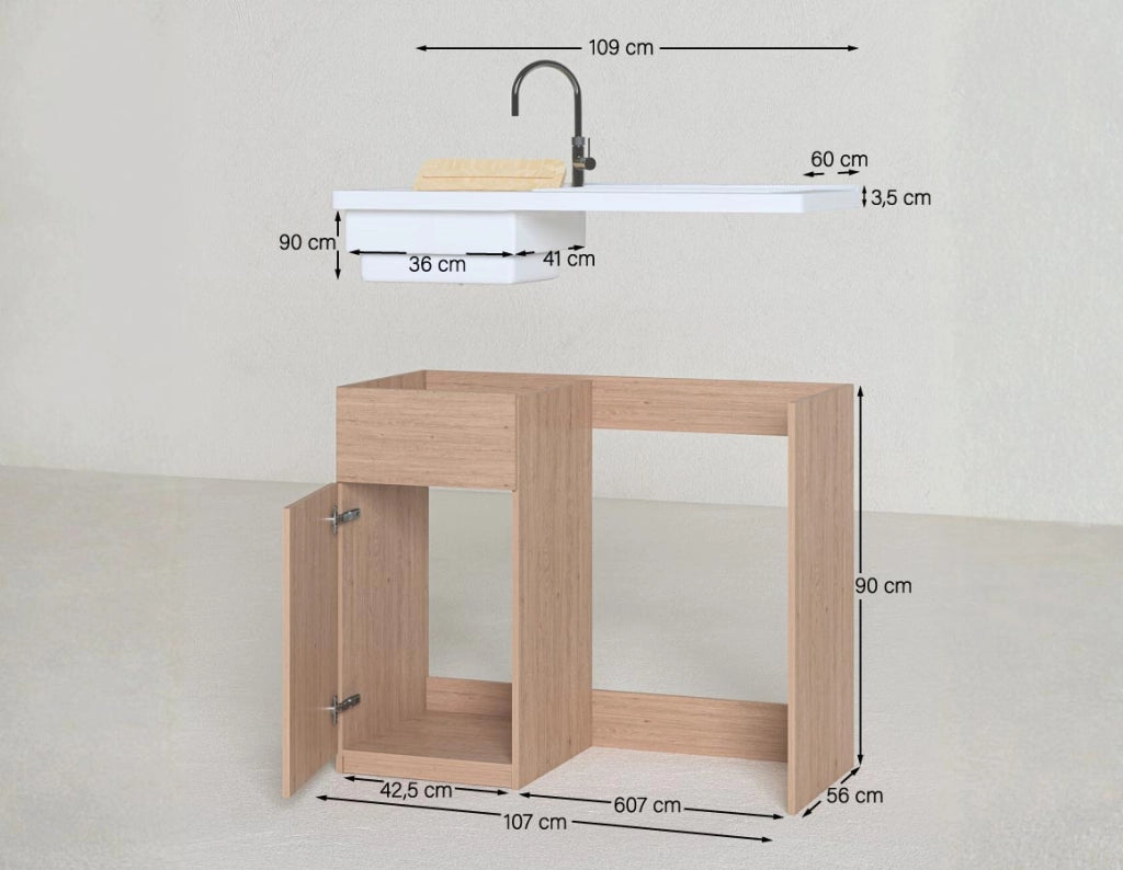Mobile coprilavatrice Brilla Dx - Con 1 anta e lavatoio  Contenitore salvaspazio per bagno e lavanderia - Lavatrice non inclusa - Virginia - 109x93x60 cm_