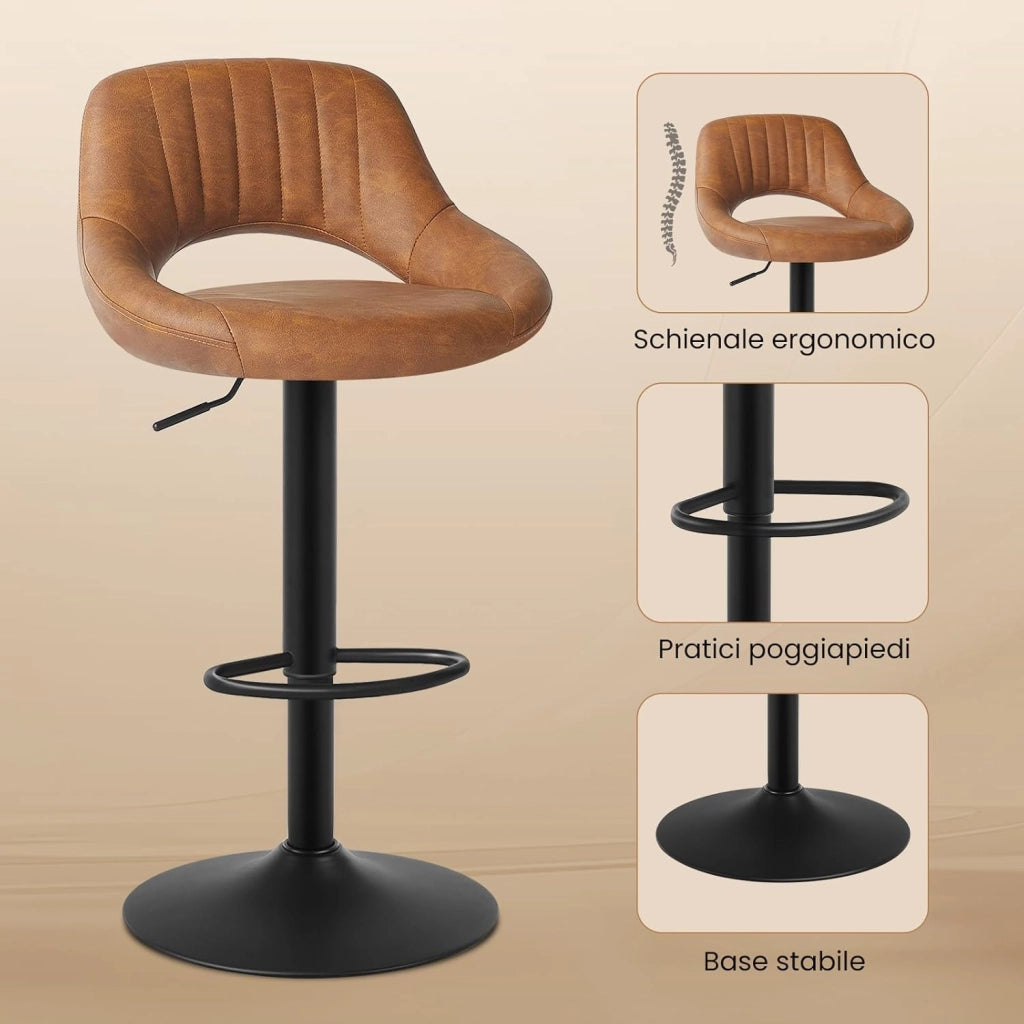 2x Sgabelli da Bar Cucina Sedia Alta da Sala Pranzo in Simipelle Regolabile e Girevole a 360° con Schienale Poggiapiedi Marrone 0667BY-2