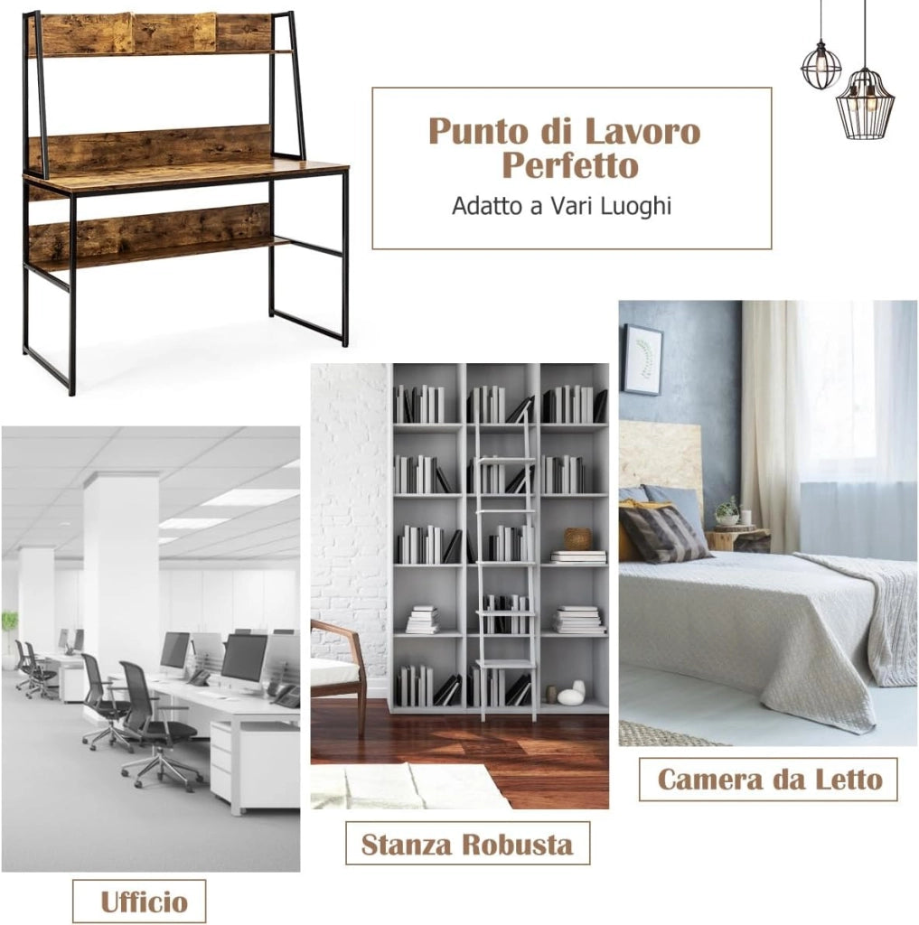 Scrivania con Libreria e Ripiano, Scrivania Salvaspazio per PC Portatile con 3 Scomparti e Ripiano Aperto, Ideale per Ufficio e Casa, 120 x 57 x 140 cm (Marrone)