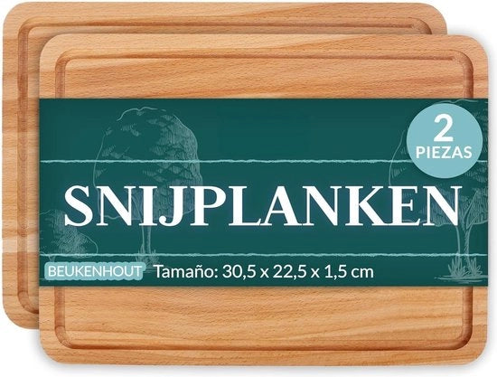 Snijplank in legno di faggio | 30,5 x 22,5 cm | Set di 2 Snijplanken | con Sapgroef | Legno naturale di farnia | Omkeerbaar | Cucina