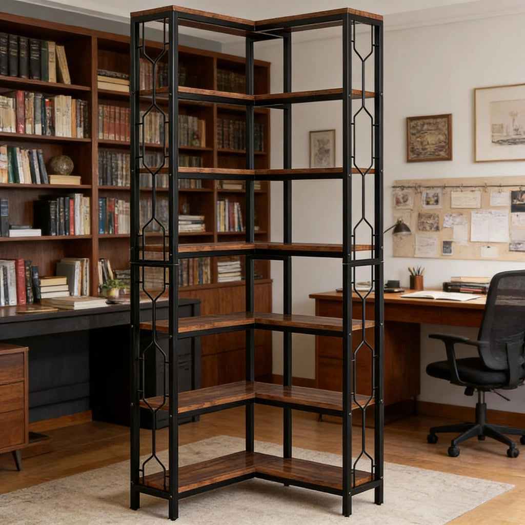 Libreria angolare industriale a 7 ripiani, scaffale da terra salvaspazio in legno ingegnerizzato e metallo nero