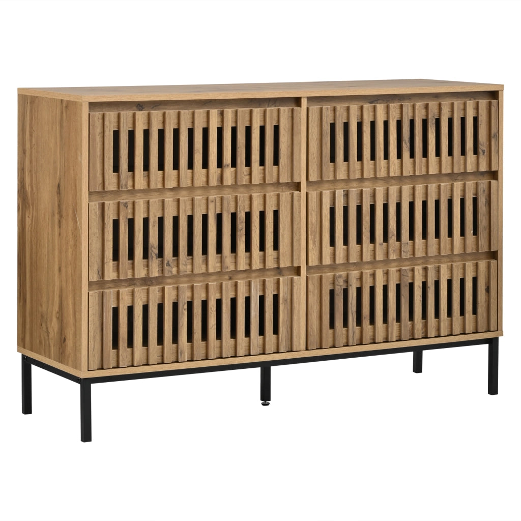 Credenza bassa con 6 cassetti, struttura in MDF e pannello truciolare, design a griglia, 120¡Á40¡Á81 cm, colore legno naturale
