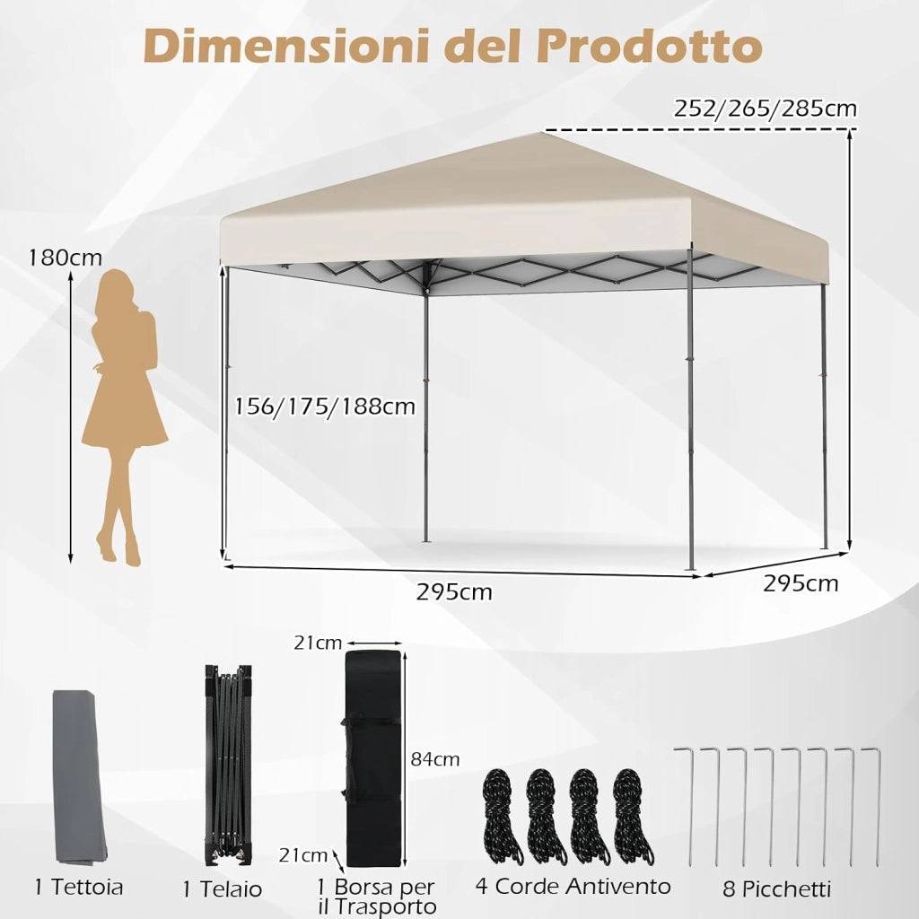 Gazebo Pieghevole Pop-up, Gazebo Esterno Impermeabile con Altezze Regolabili, Borsa Portatile, 8 Picchetti e 4 Corde Antivento, per Feste, Barbecue, Giardino e Spiaggia (Beige, 2,95 x 2,95 m)