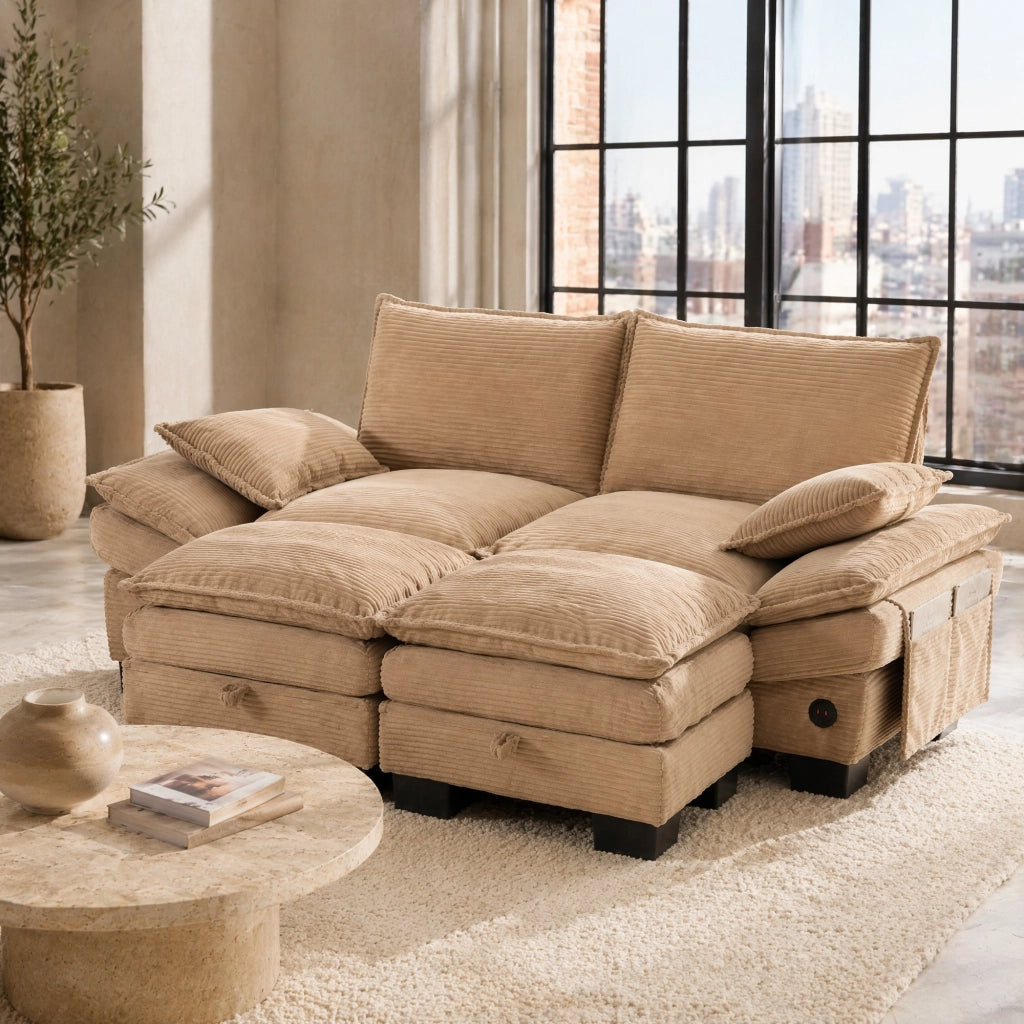 Divano modulare a 2 posti con pouf, USB-C e tasche laterali, seduta ampia in Corduroy Khaki