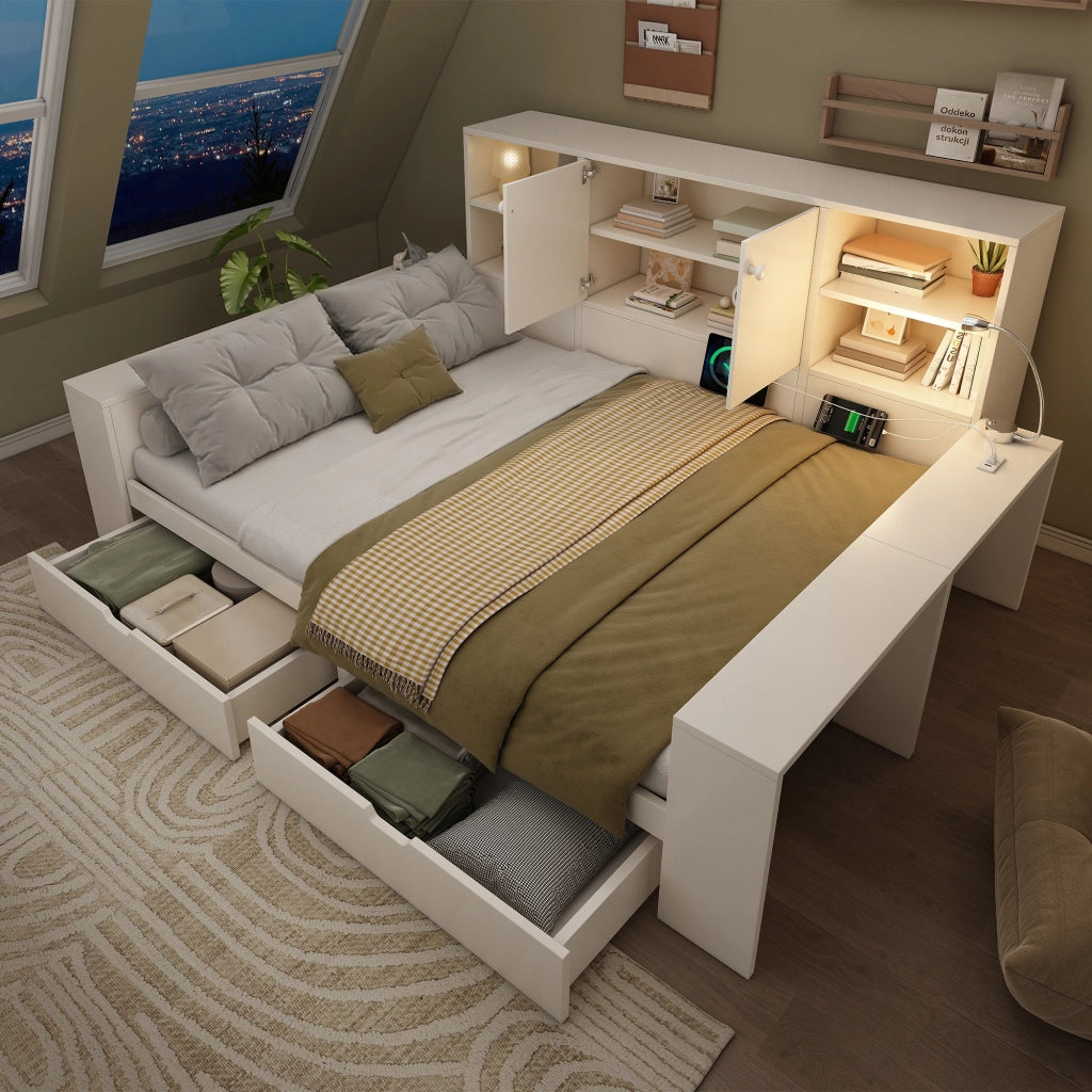 Letto contenitore 140x200cm bianco con cassetti, USB/Type-C, luce lettura, senza materasso