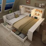 Letto contenitore 140x200cm bianco con cassetti, USB/Type-C, luce lettura, senza materasso
