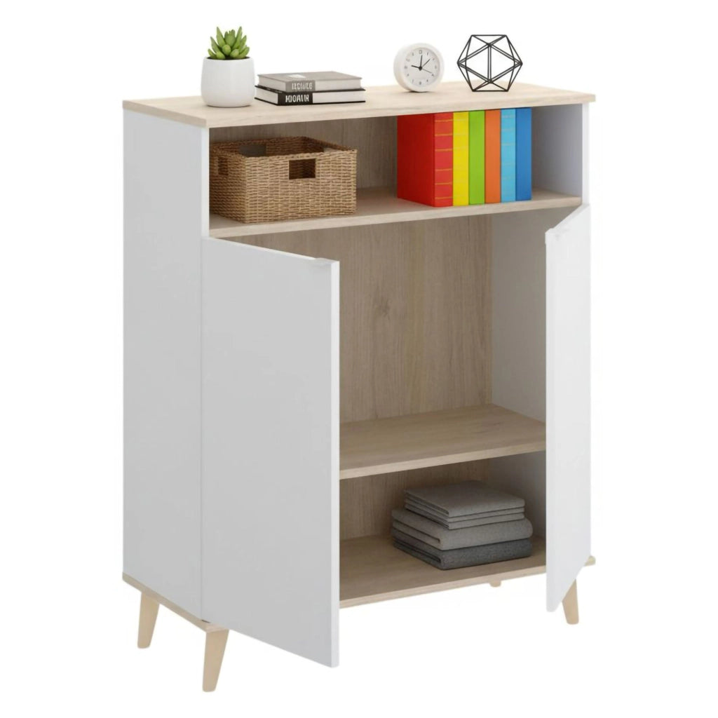 Credenza Altai, Buffet dispensa da soggiorno, Madia da salotto moderna a 2 ante, 80x40h102 cm, Bianco e Rovere