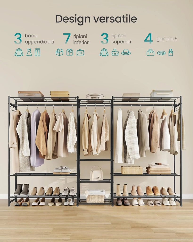 SONGMICS Stand Appendiabiti, Guardaroba Aperto, Armadio con 10 Ripiani, 3 Aste Appendiabiti, 4 Ganci a S, Metallo, per Camera da Letto Soggiorno Ingresso, Nero LGR011BZ01