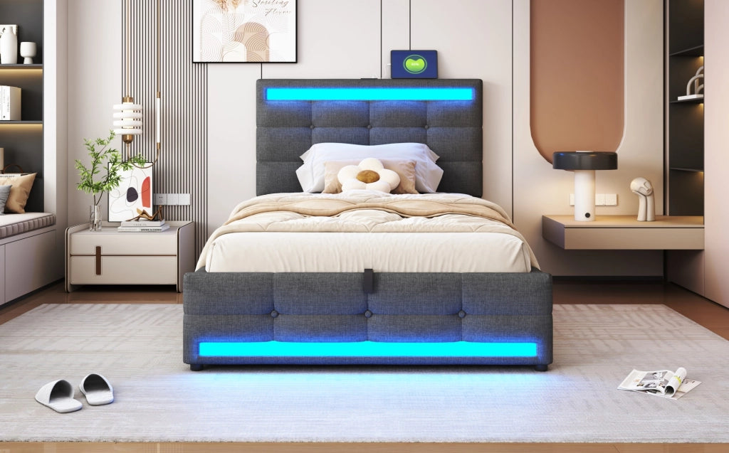 Letto singolo imbottito 90x200 cm con LED RGB, prese USB e contenitore, grigio lino