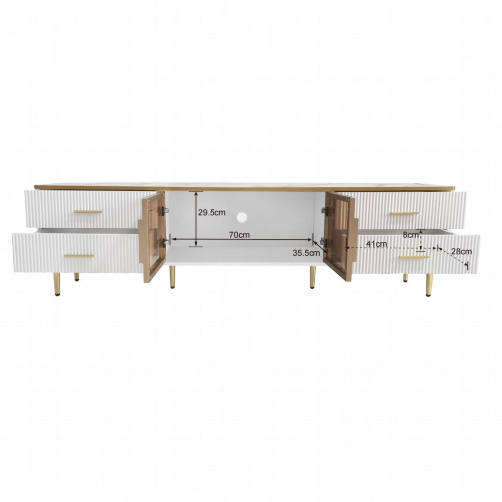Mobile TV bianco con LED, 4 cassetti e ante in vetro temprato, 170 cm