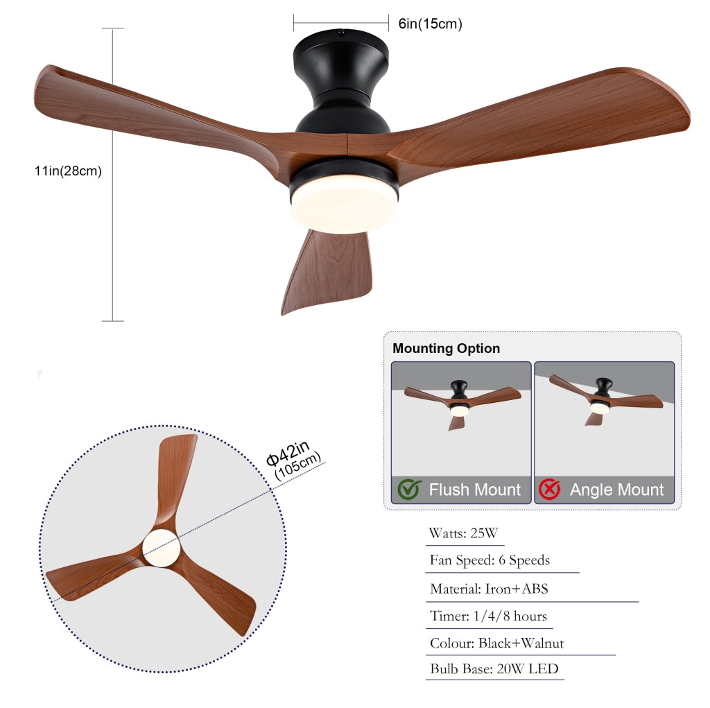 Ventilatore a soffitto 42" con luce LED, 3 pale ABS, 3CCT, motore DC, noce e nero