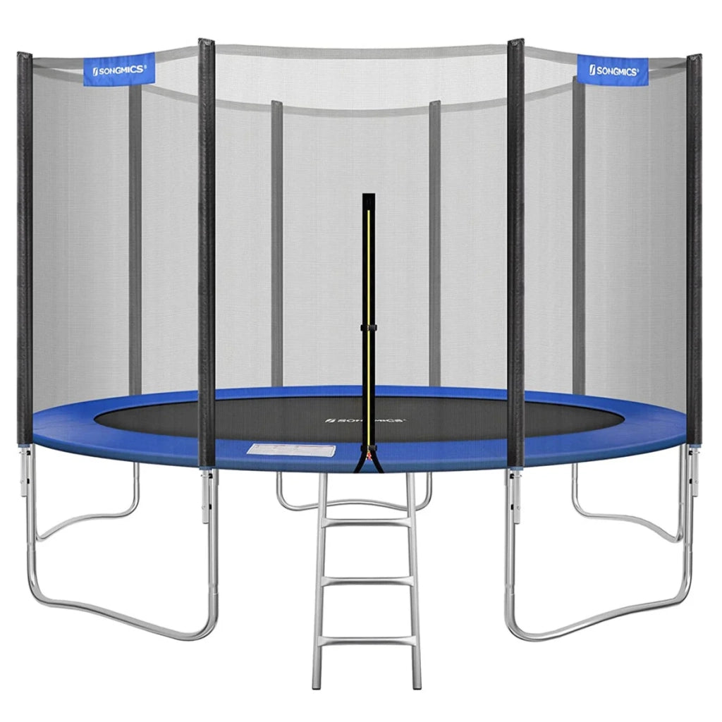 Trampolino da esterno diametro 427 cm attrezzatura da giardino con scaletta rete protettiva pali coperti neri e blu 12_0002077
