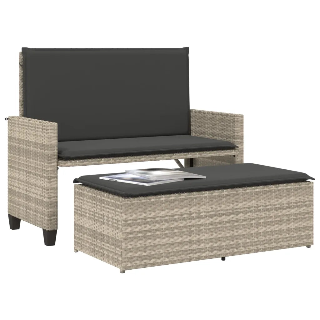 Panca Giardino Cuscini e Poggiapiedi Grigio Chiaro Polyrattan