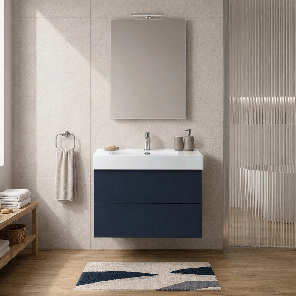 Mobile bagno sospeso 80 cm blu due cassetti push-pull e lavabo in resina Tierra