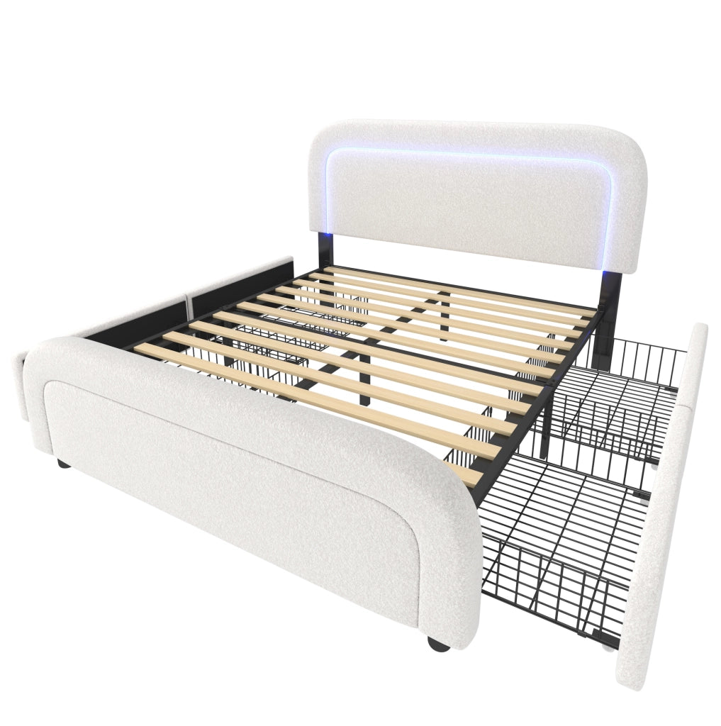 Letto matrimoniale 160x200 cm con 4 cassetti; USB e Type-C; LED e testiera regolabile bianco HOMVRA