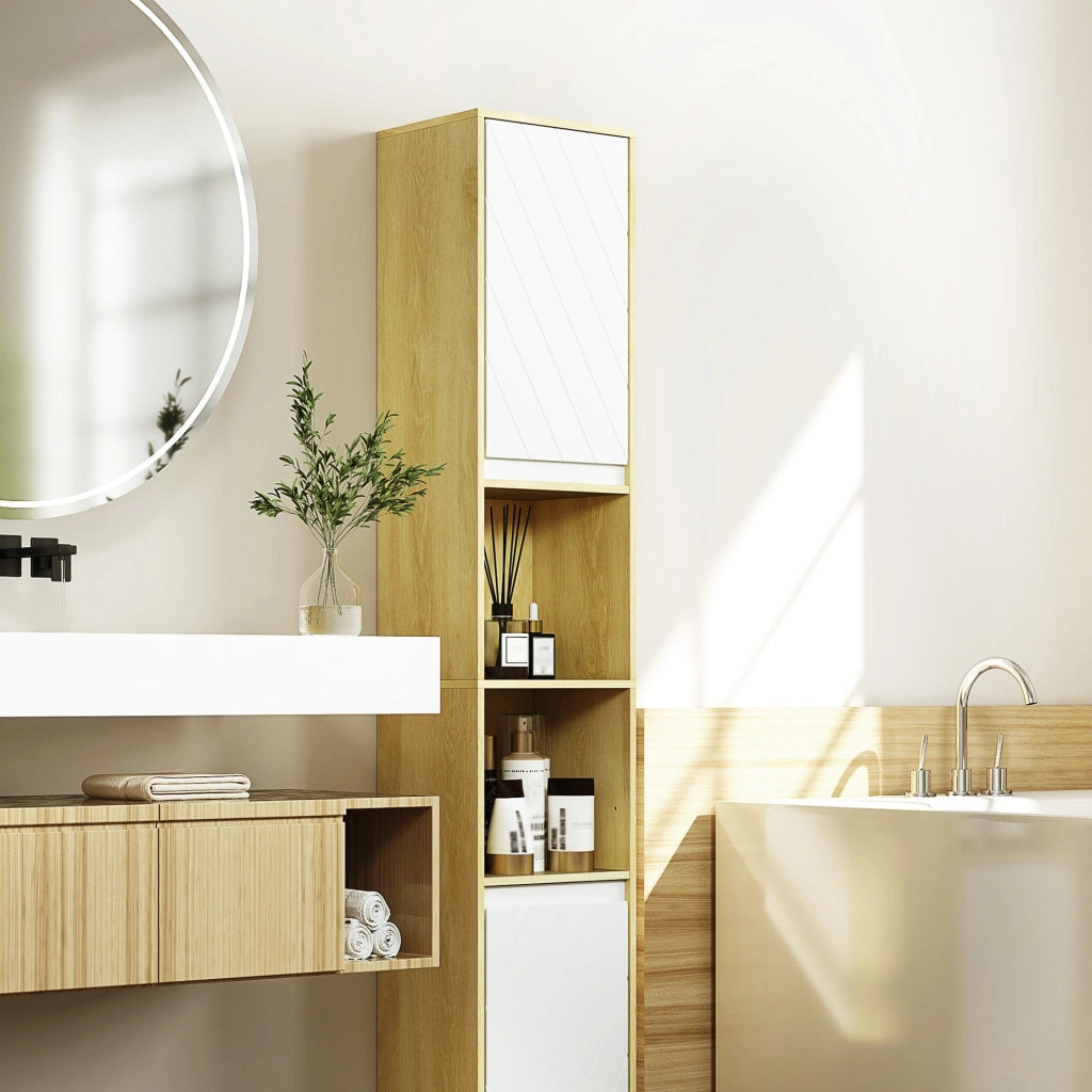 Mobile a Colonna da Bagno Salvaspazio con 2 Armadietti e 2 Ripiani 30x24x170 cm Rovere e Bianco